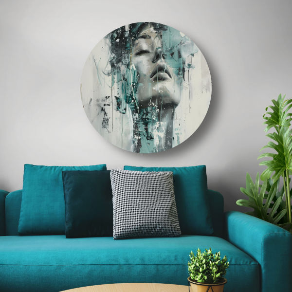 Dynamisch Portret van Vrouw in Turquoise aluminium muurcirkel
