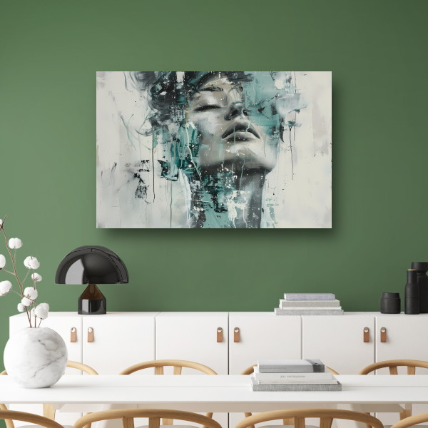 Dynamisch Portret van Vrouw in Turquoise canvas met baklijst