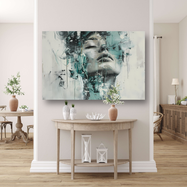 Dynamisch Portret van Vrouw in Turquoise canvas met baklijst