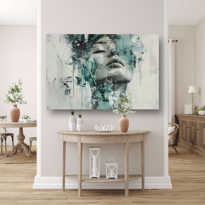 Dynamisch Portret van Vrouw in Turquoise canvas met baklijst