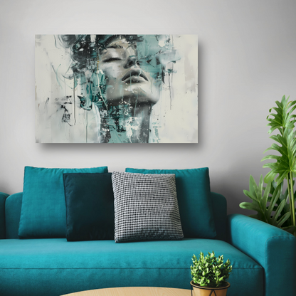 Dynamisch Portret van Vrouw in Turquoise canvas met baklijst