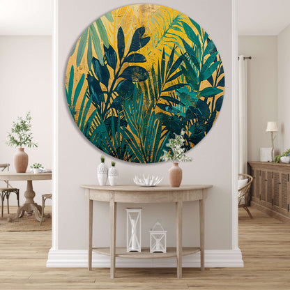 Abstract modern schilderij van junglebladeren aluminium muurcirkel