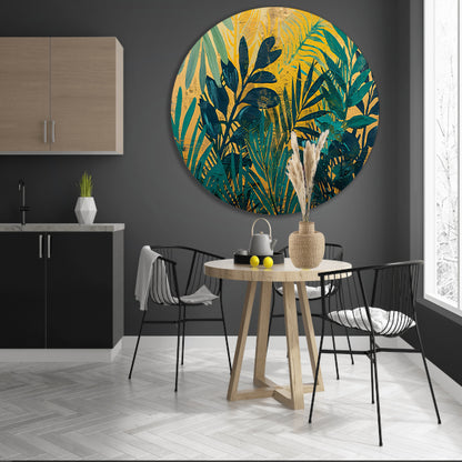 Abstract modern schilderij van junglebladeren aluminium muurcirkel