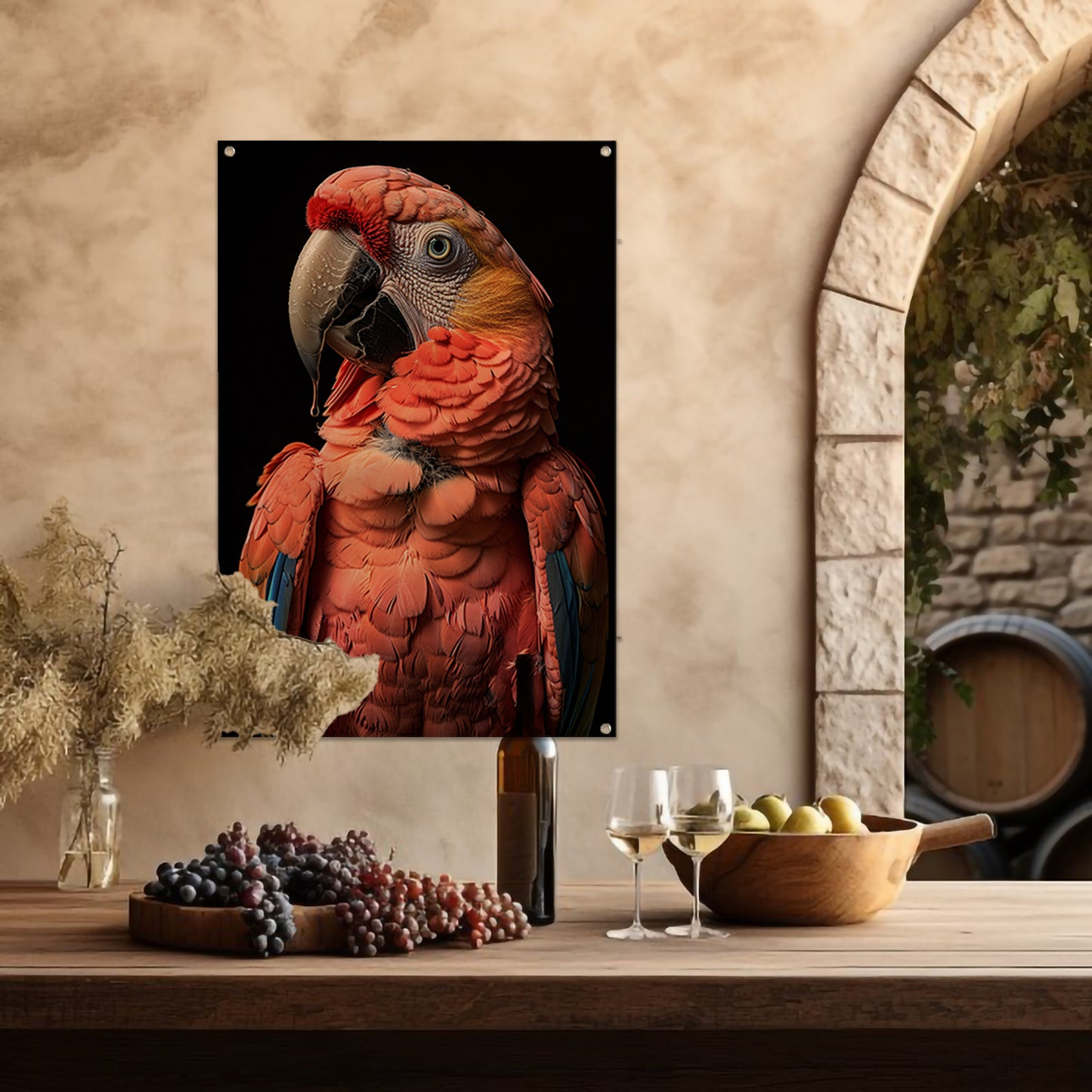 Portret van een Ara met waterdruppels tuinposter
