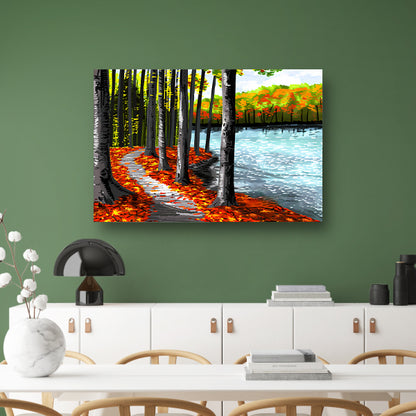 Herfstbos met meer en kleurrijke bladeren canvas met baklijst