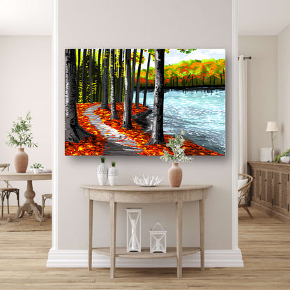 Herfstbos met meer en kleurrijke bladeren canvas met baklijst