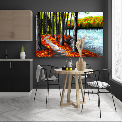 Herfstbos met meer en kleurrijke bladeren canvas