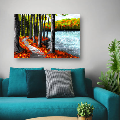 Herfstbos met meer en kleurrijke bladeren canvas met baklijst