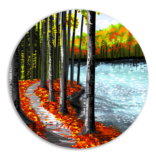 Herfstbos met meer en kleurrijke bladeren aluminium muurcirkel
