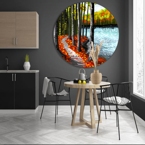 Herfstbos met meer en kleurrijke bladeren aluminium muurcirkel