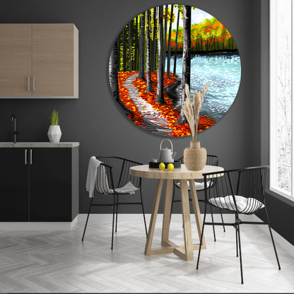 Herfstbos met meer en kleurrijke bladeren aluminium muurcirkel