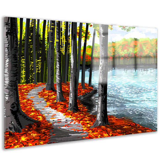 Herfstbos met meer en kleurrijke bladeren acrylglas