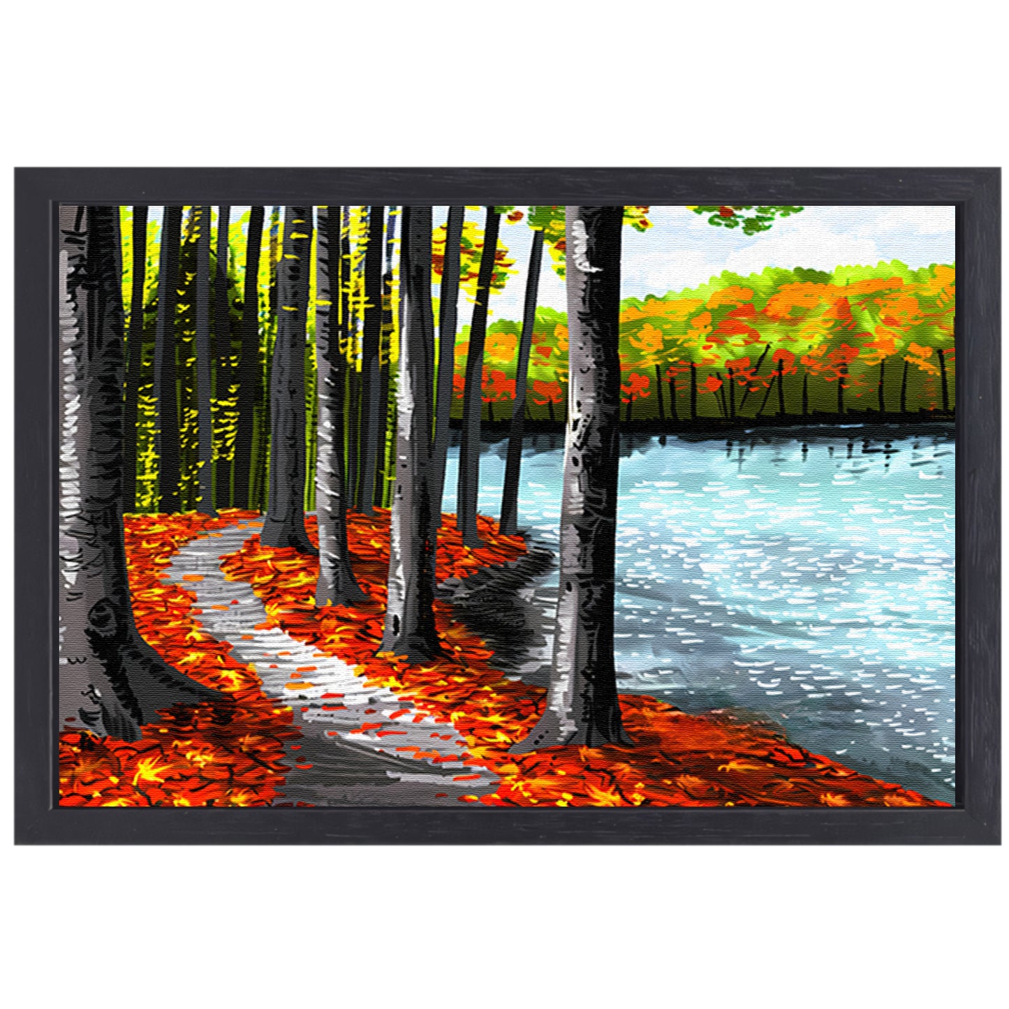 Herfstbos met meer en kleurrijke bladeren canvas met baklijst