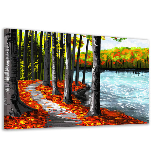 Herfstbos met meer en kleurrijke bladeren canvas