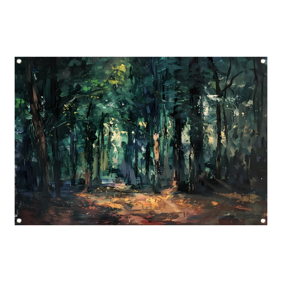 Kleurrijk impressionistisch bos met zonlicht tuinposter