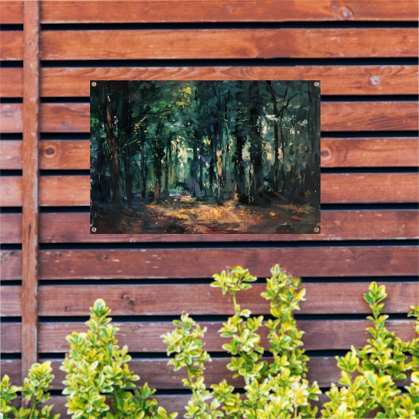 Kleurrijk impressionistisch bos met zonlicht tuinposter