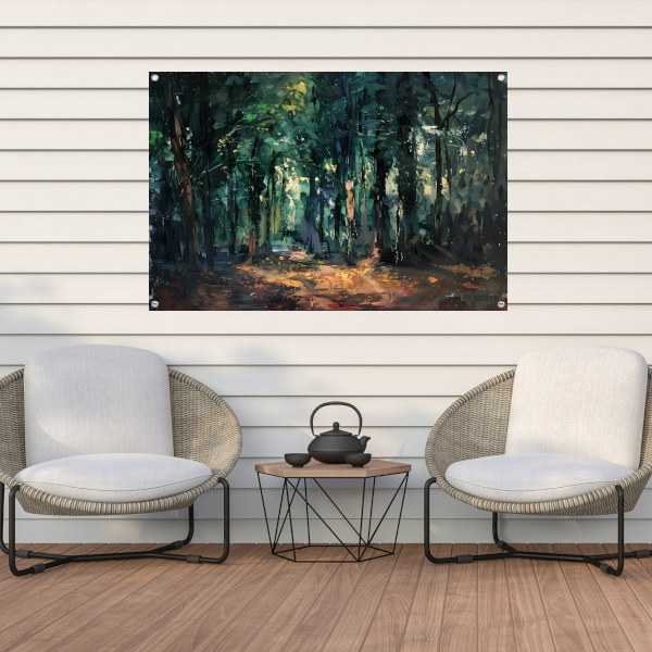 Kleurrijk impressionistisch bos met zonlicht tuinposter