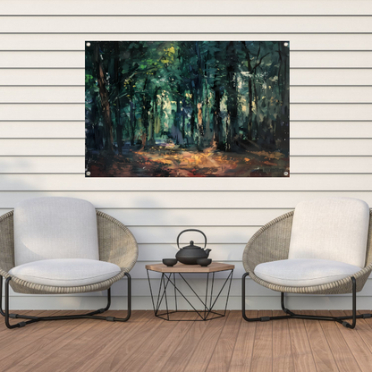Kleurrijk impressionistisch bos met zonlicht tuinposter