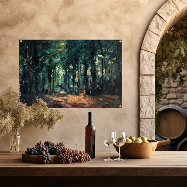 Kleurrijk impressionistisch bos met zonlicht tuinposter