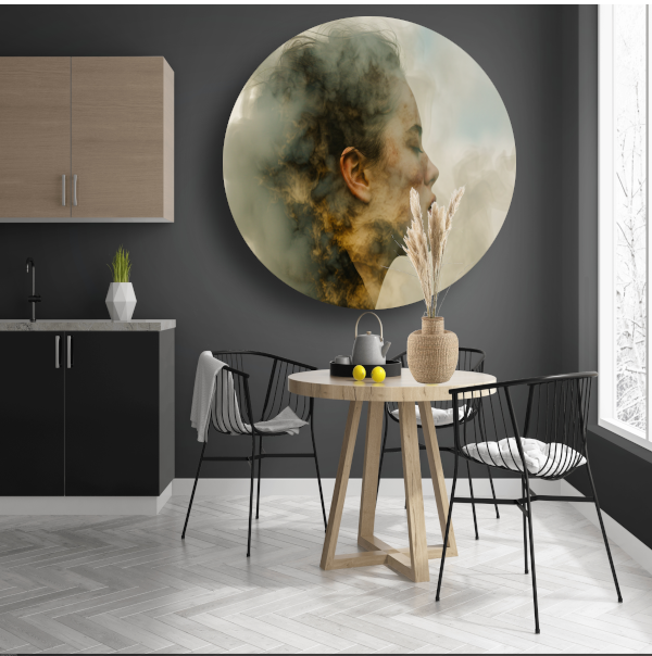 Vrouw Gevangen in Zachte Rooknevels aluminium muurcirkel
