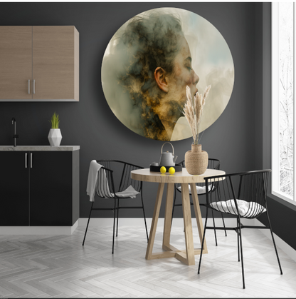 Vrouw Gevangen in Zachte Rooknevels aluminium muurcirkel
