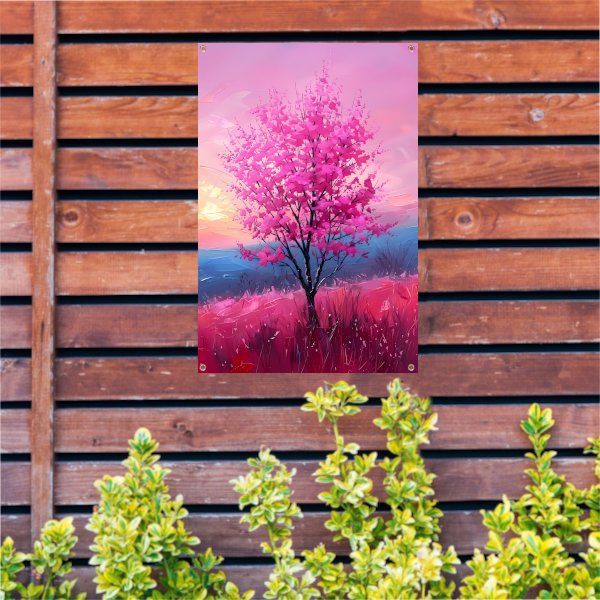 Kleurrijke Boom bij Expressieve Zonsondergang tuinposter