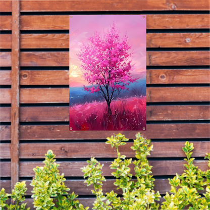 Kleurrijke Boom bij Expressieve Zonsondergang tuinposter