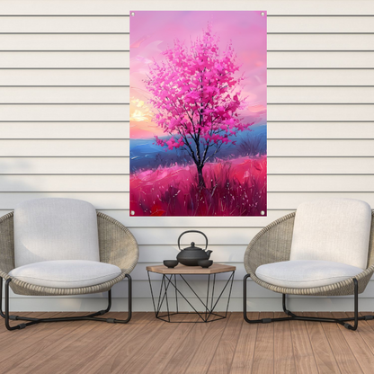Kleurrijke Boom bij Expressieve Zonsondergang tuinposter