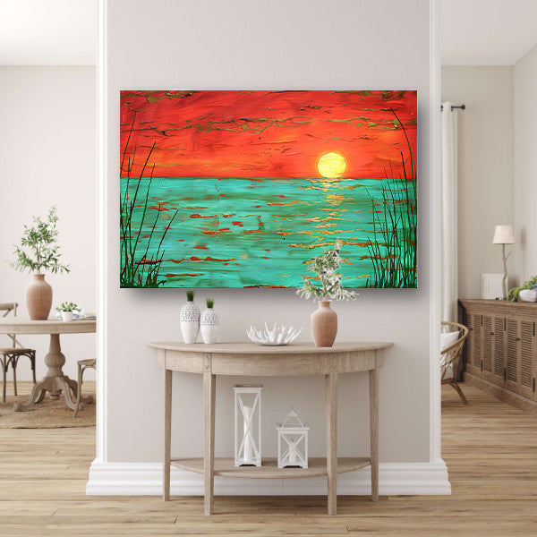 Kleurrijke zonsondergang boven kalm water schilderij poster
