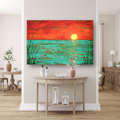 Kleurrijke zonsondergang boven kalm water schilderij poster