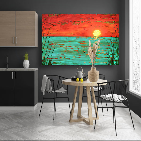 Kleurrijke zonsondergang boven kalm water schilderij poster