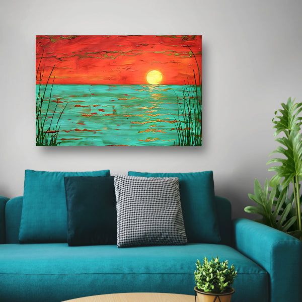 Kleurrijke zonsondergang boven kalm water schilderij poster