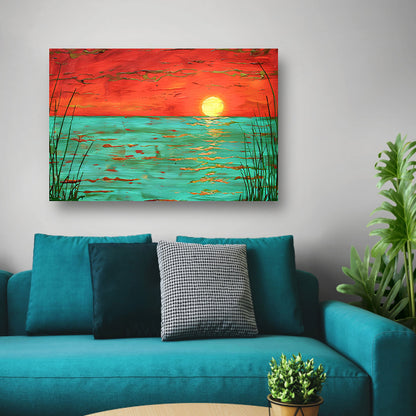 Kleurrijke zonsondergang boven kalm water schilderij poster