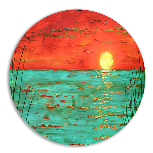 Kleurrijke zonsondergang boven kalm water schilderij aluminium muurcirkel