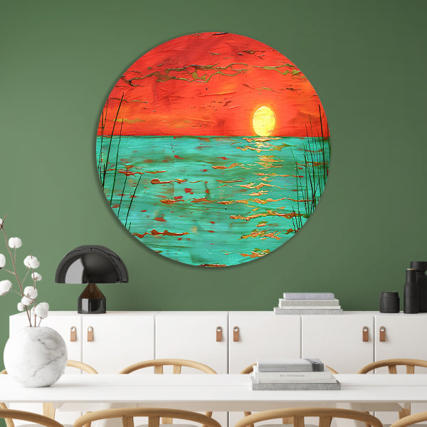 Kleurrijke zonsondergang boven kalm water schilderij aluminium muurcirkel