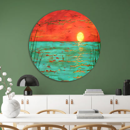 Kleurrijke zonsondergang boven kalm water schilderij aluminium muurcirkel