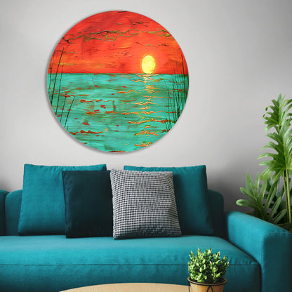 Kleurrijke zonsondergang boven kalm water schilderij aluminium muurcirkel