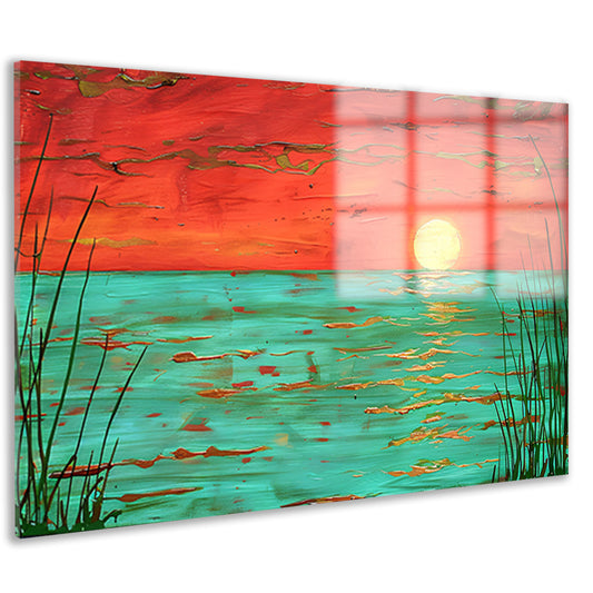 Kleurrijke zonsondergang boven kalm water schilderij acrylglas
