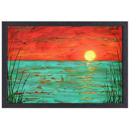 Kleurrijke zonsondergang boven kalm water schilderij canvas met baklijst