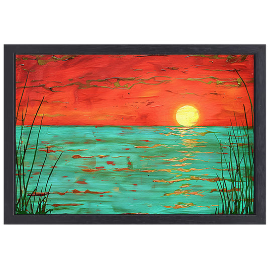 Kleurrijke zonsondergang boven kalm water schilderij canvas met baklijst