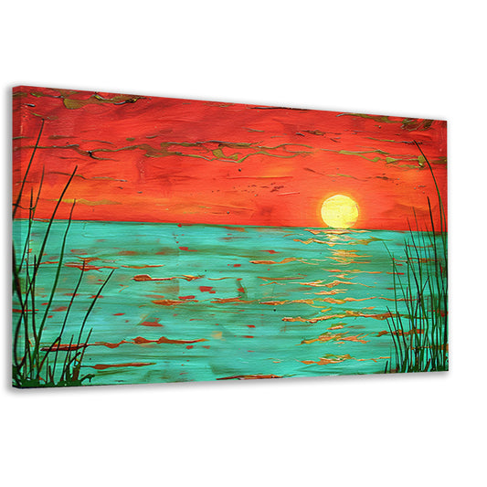 Kleurrijke zonsondergang boven kalm water schilderij canvas