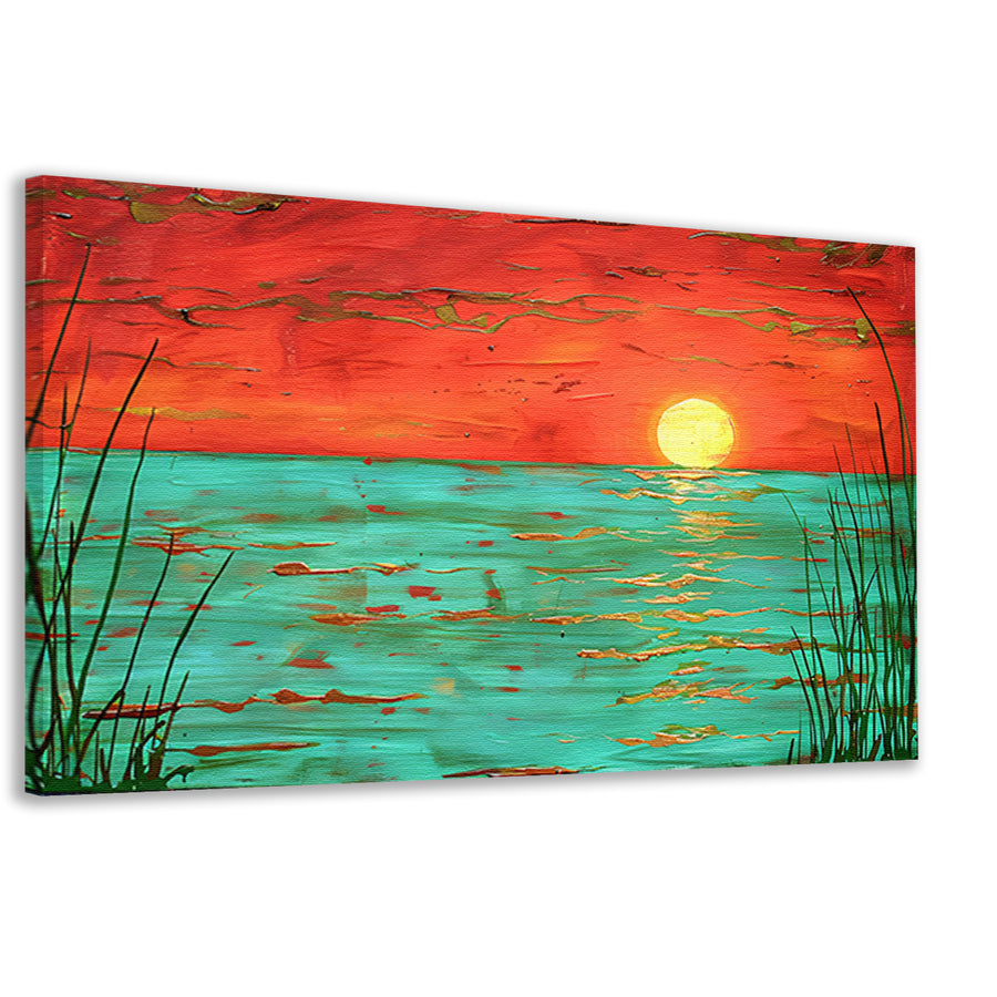 Kleurrijke zonsondergang boven kalm water schilderij canvas