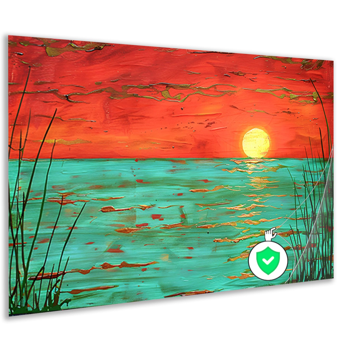 Kleurrijke zonsondergang boven kalm water schilderij poster