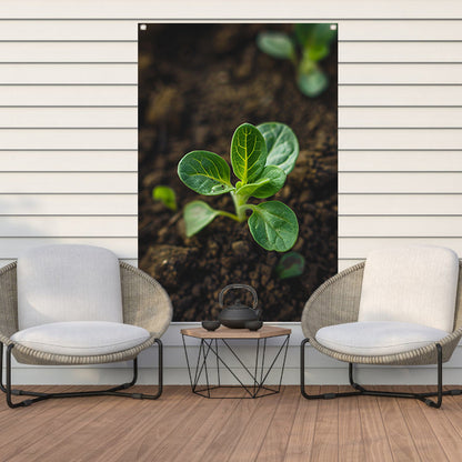 Jonge plant in donkere aarde tuinposter