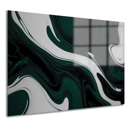 Abstracte Fluid Art in Zwart, Wit en Groen acrylglas