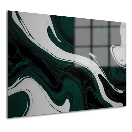 Abstracte Fluid Art in Zwart, Wit en Groen acrylglas