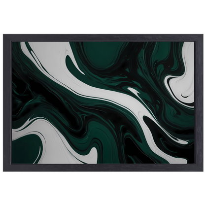 Abstracte Fluid Art in Zwart, Wit en Groen canvas met baklijst