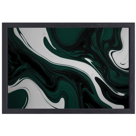 Abstracte Fluid Art in Zwart, Wit en Groen canvas met baklijst