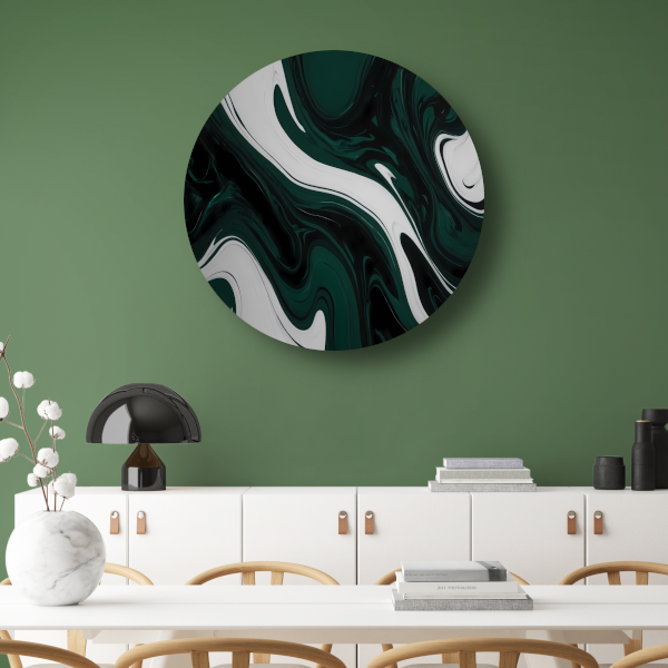 Abstracte Fluid Art in Zwart, Wit en Groen forex muurcirkel