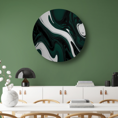 Abstracte Fluid Art in Zwart, Wit en Groen forex muurcirkel